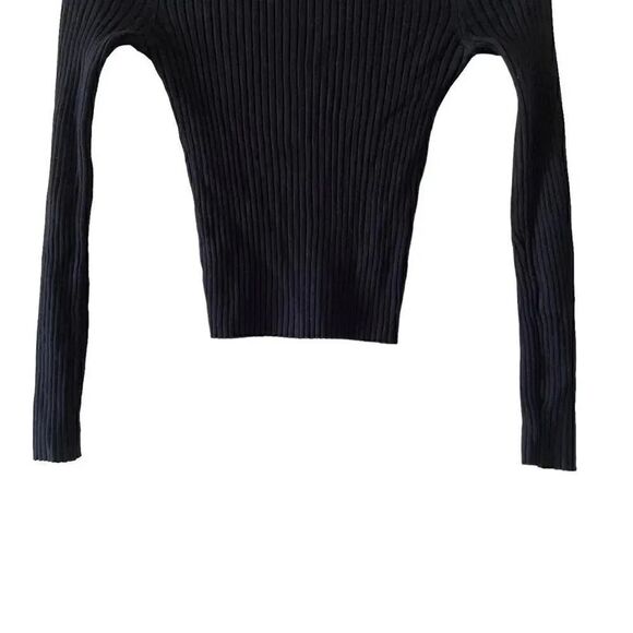 ZARA Black Viscose Mock Neck Knit Ribbed Cropped Long Sleeves Sweater SZ S #1672 - Picture 4 of 10
